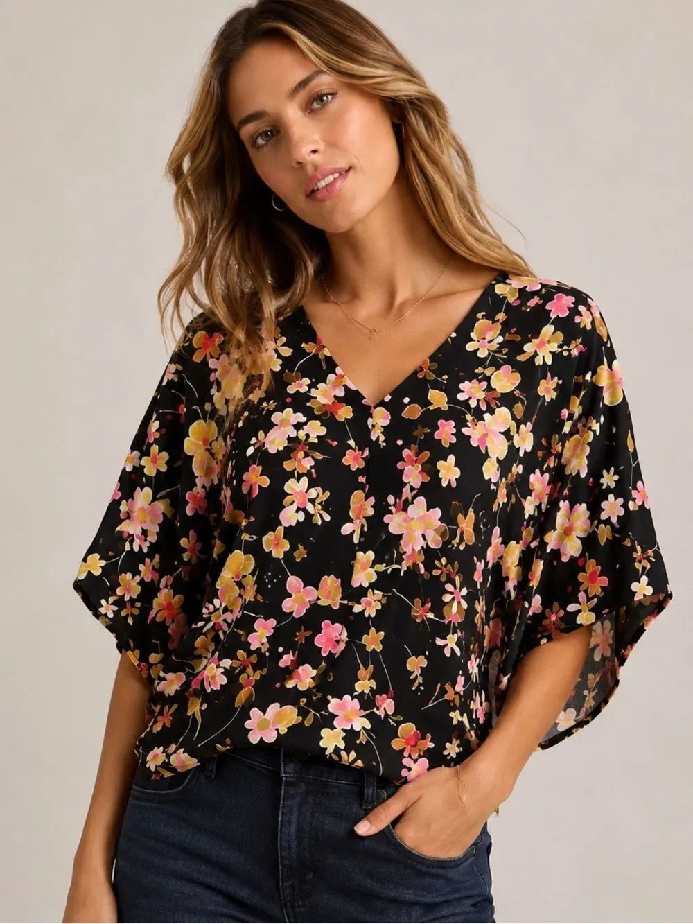 CAbi Black Flutter Sleeve Ruffled Blouse